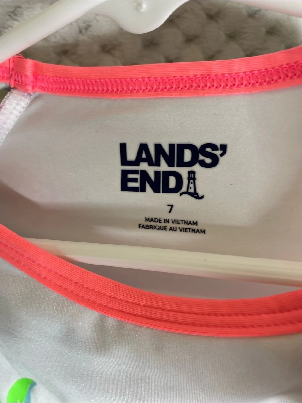 Lands' End White Raglan Rashguard Swim Top with Tropical print Sleeves & Neon